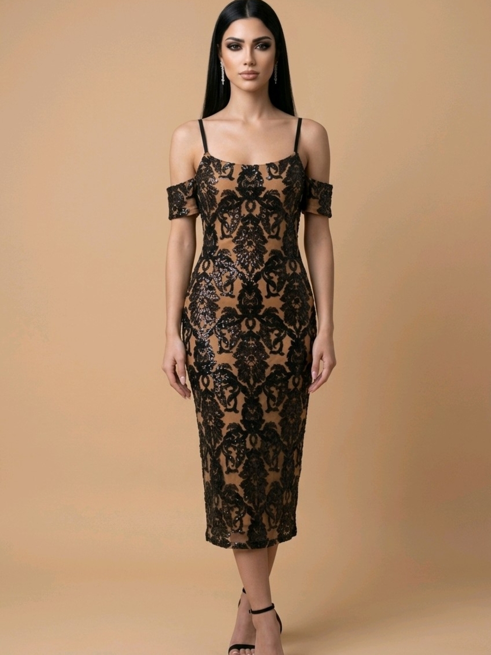 VENUS Black Lace Overlay Midi Dress with Tan Underlay